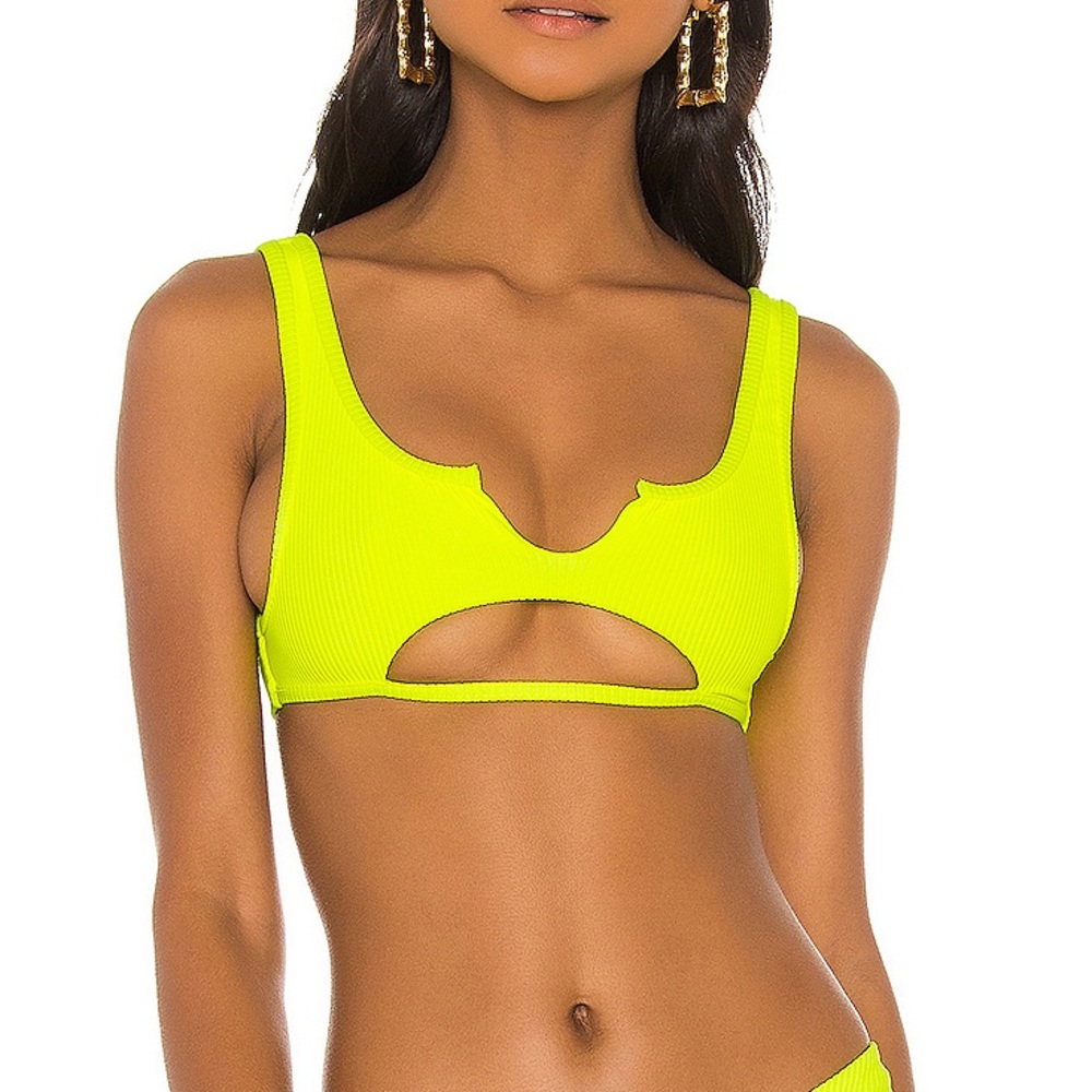Frankie's Bikinis Neon Yellow Ribbed Cutout Bikini Top